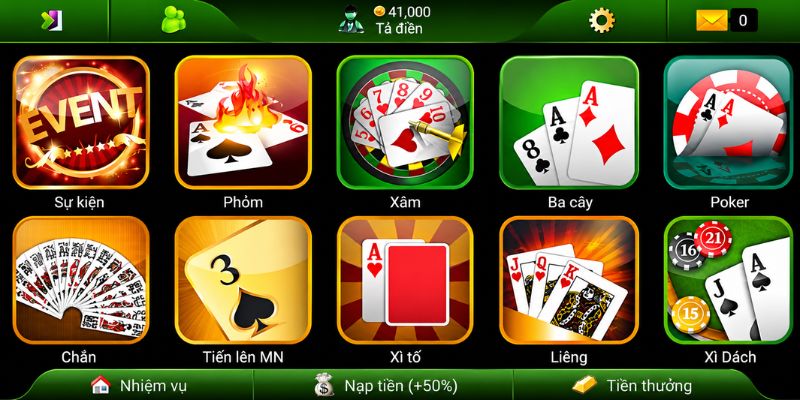 Game đánh bài với nhiều lựa chọn